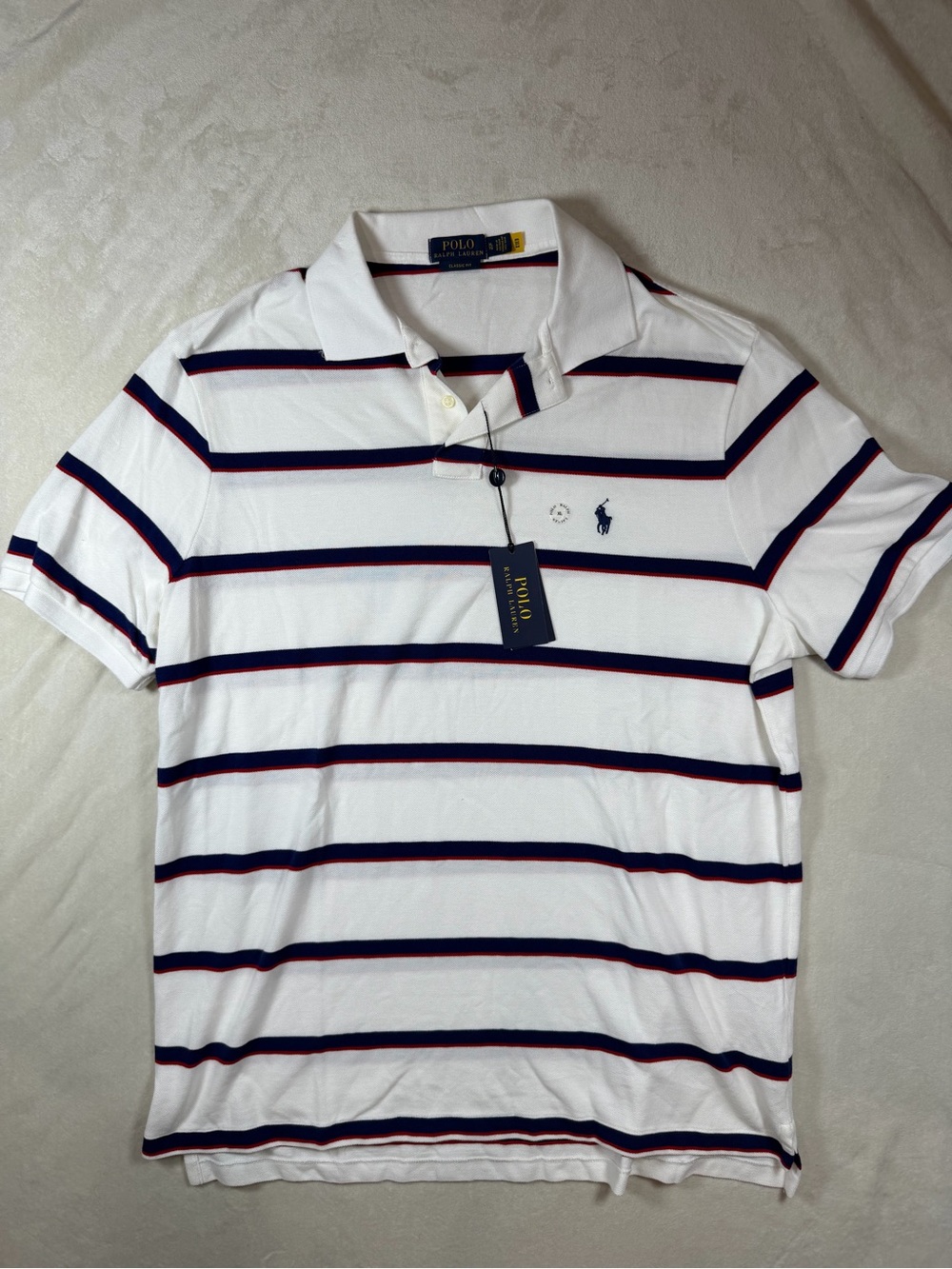 NWT Polo Ralph Lauren XL White Polo with Navy & Red Stripes